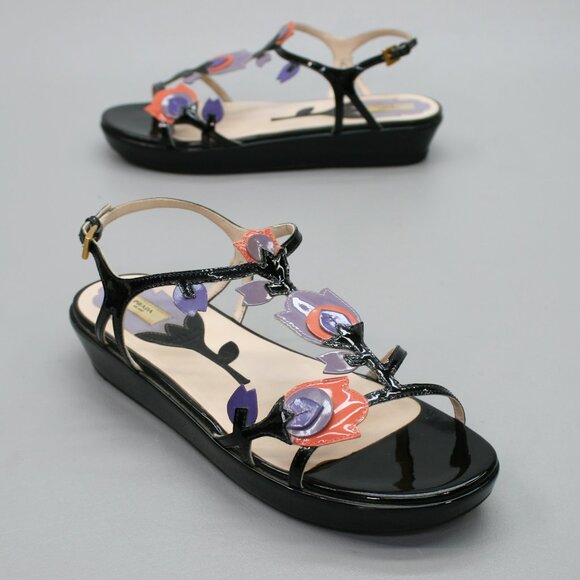 Prada 37.5 Ladies 7.5 Tulip Purple Patent Leather Slingback Wedge Shoes Sandals - Picture 1 of 12